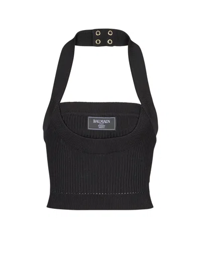 Balmain Ribbed Knit Halterneck Top In Black