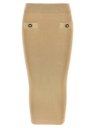 Balmain Ribbed Knit Midi Skirt In Beige