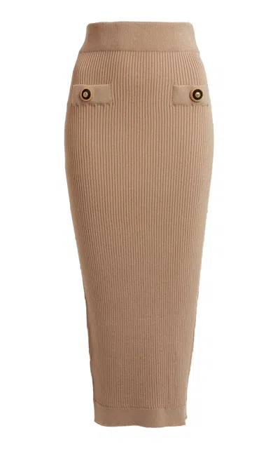 Balmain Ribbed Nude Viscose Blend Midi Skirt In Neutral