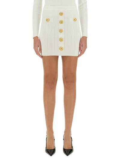 Balmain Fine Ribbed Knit Skirt In White