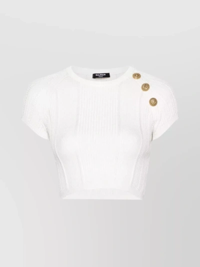 Balmain Ribbed Knit Top With 3-button Embellishments In White