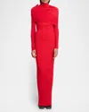 Balmain High Neck Pleated Knit Long Dress In Red
