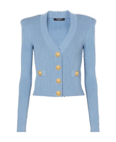 Balmain Ribbed-knit V-neck Cardigan In Light Blue