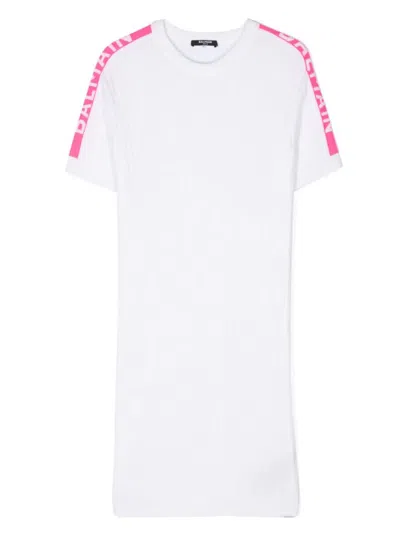 Balmain Kids' Logo-jacquard Mini Dress In White