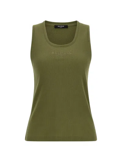 Balmain Tank Top Logo Embroidery Scoop Neck In Green