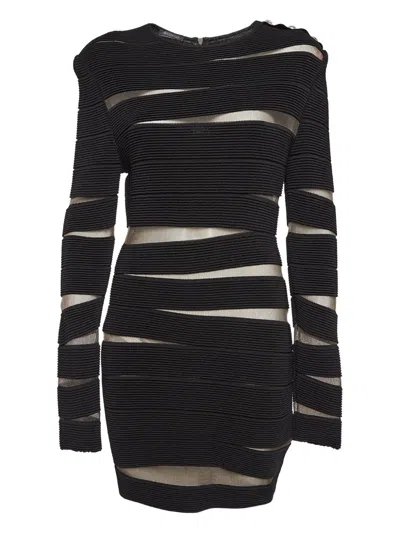 Pre-owned Balmain Ribbed Sheer-panel Dress In Black
