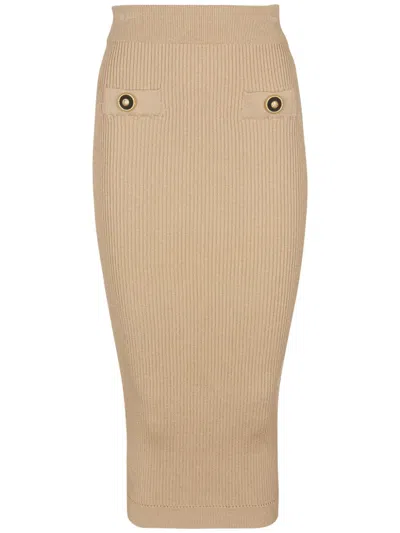 Balmain Button-embellished Ribbed-knit Midi Skirt In Beige