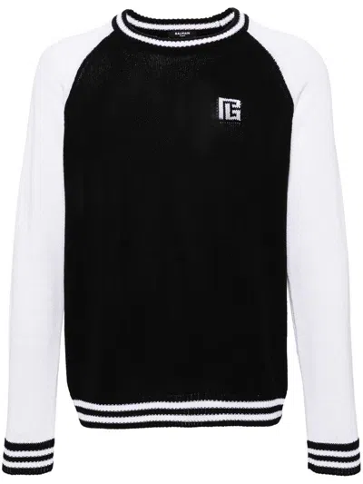 Balmain Colour-block Ribbed-knit Jumper In Black