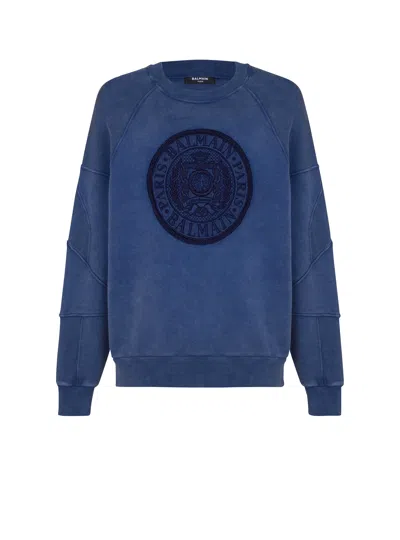 Balmain Ribbed Big Coin Sweatshirt In Blue