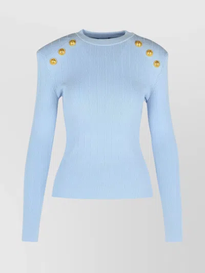 Balmain Ribbed Texture Crew Neck Sweater Gold Button In Blue