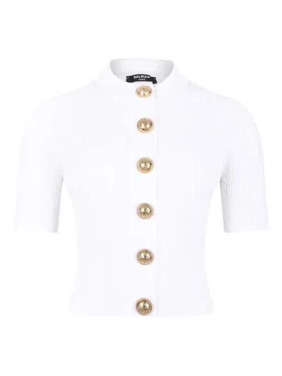 Balmain Crewneck Ribbed Cardigan Short Sleeves In White