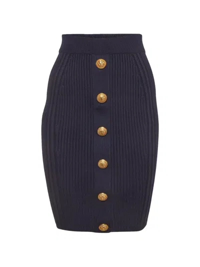 Pre-owned Balmain Ribbed-knit Pencil Mini Skirt In Blue