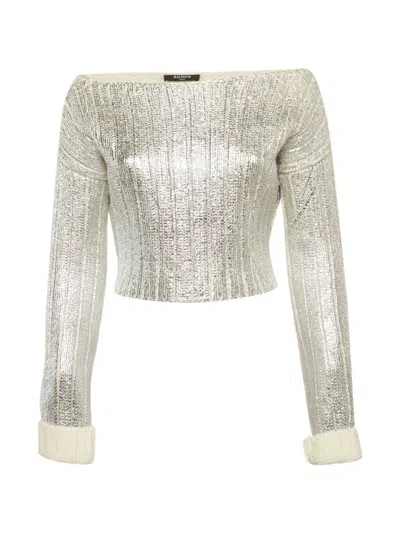 Pre-owned Balmain Ribbed-knit Sweater In Silver