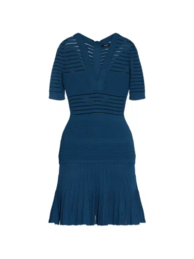 Balmain Ribbed-knit V-neck Mini Dress In Blue