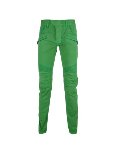 Balmain Ribbed-panel Biker Jeans In Green