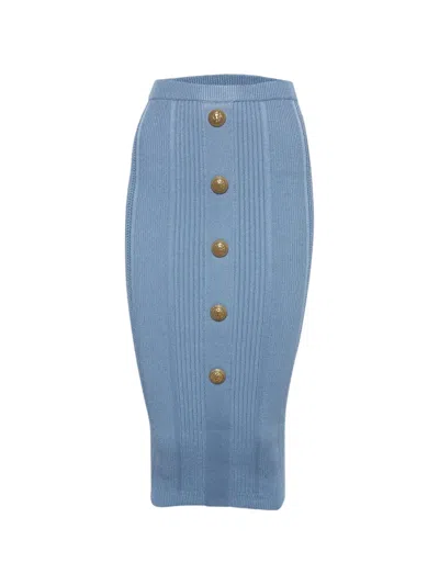 Pre-owned Balmain Rib-knit Button-embellished Fitted Midi Skirt In Blue