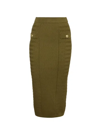 Pre-owned Balmain Rib-knit Button-embellished Pencil Midi Skirt In Green