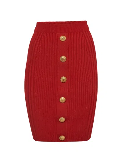 Pre-owned Balmain Rib-knit Pencil Mini Skirt In Red