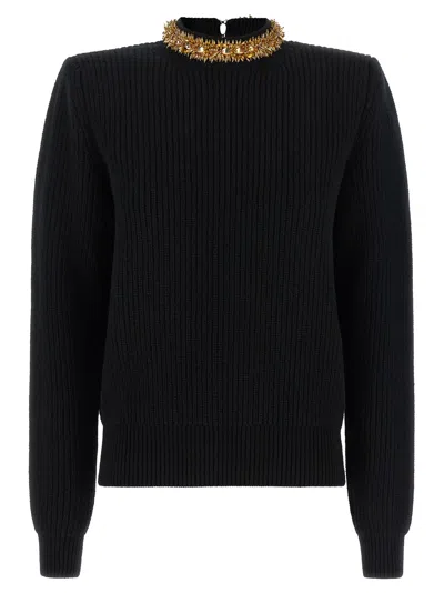 Balmain Cashmere Wool Ribbed High-neck Embellished Sweater In Black