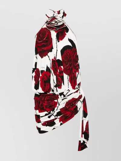 Balmain Rose Print Halterneck Dress With Asymmetric Hem In Gqx Blanc/rouge/noir
