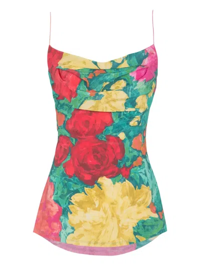 Balmain Printed Crepe De Chine Top With Thin Straps In Green