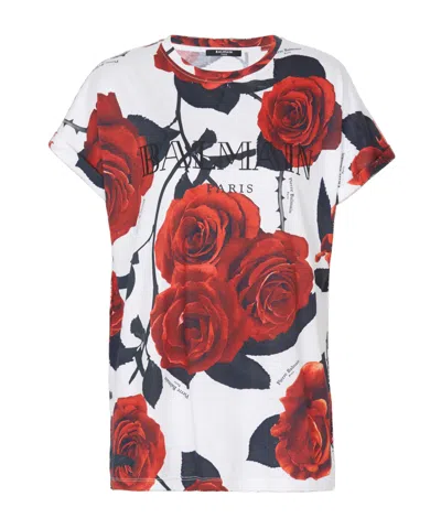 Balmain Vintage Roses Print Crew Neck T-shirt In White