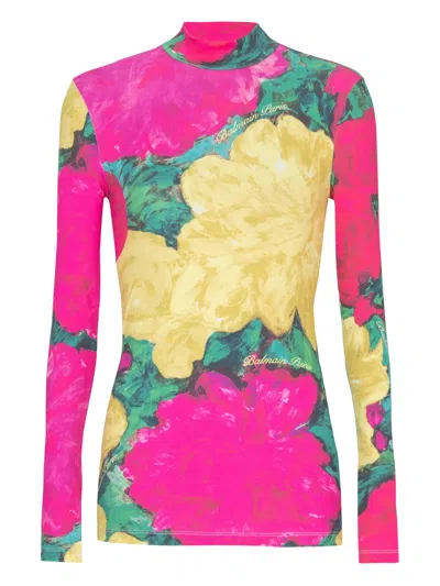 Balmain Roses Print Logo High-neck Fitted Long-sleeve Elastic T-shirt In Multicolor