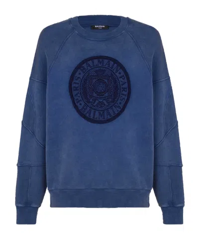 BALMAIN RIBBED SWEATSHIRT WITH 'COIN' EMBROIDERY