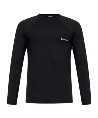 Balmain Round-collar Long-sleeve Swimsuit In Black