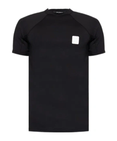 Balmain Round-collar Short-sleeve Swimsuit In Black