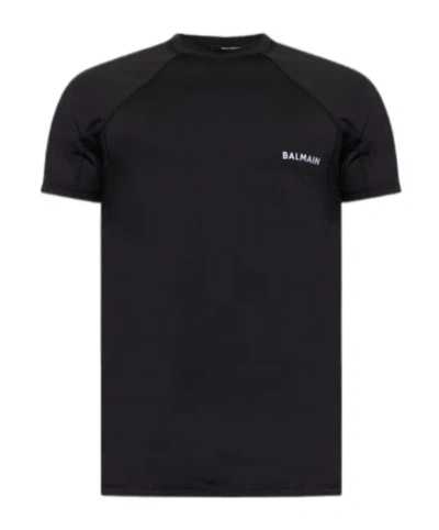 Balmain Round-collar Short-sleeve Swimsuit In Black