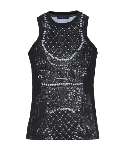 BALMAIN BALMAIN FAUX EMBROIDERY PRINT SOFT TANK TOP