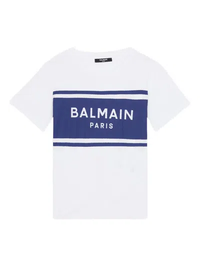 Balmain Round Neck Ribbed T-shirt With Logo Print For Boys In White