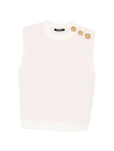 BALMAIN BALMAIN ROUND NECK TWEED KNIT TOP WITH LUREX & LION HEAD BUTTON PLACKET