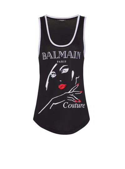 BALMAIN FLOCKED RELAXED TANK TOP WITH BALMAIN BEAUTY PRINT