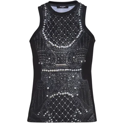 Balmain Pearl Crystal Trompe Loeil Tank Top In Blk White