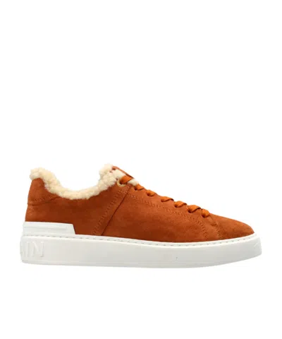 Balmain B-court Shearling-trim Sneakers In Brown
