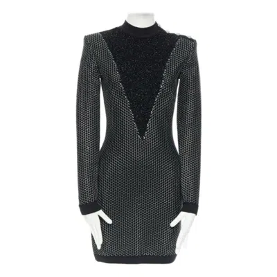 Pre-owned Balmain Rousteing Black Silver Thread Fluffy Military Button Bodycon Dress S