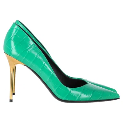 Balmain Ruby Croc Embossed Pumps In Green Leather
