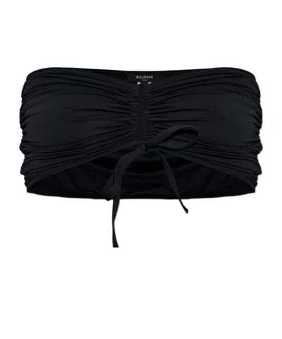 Balmain Ruched Bikini Top In Black