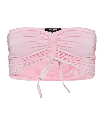 Balmain Ruched Bikini Top In Pink