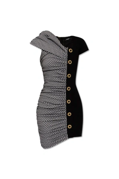 Balmain Ruched Detail Checked Dress In Multi