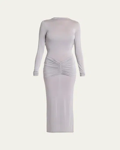 Balmain Ruched Jersey Chain Backless Midi Dress In White