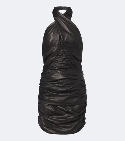 Balmain Ruched Leather Minidress In Black