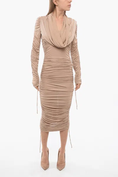 Balmain Ruched Long Sleeved Dress In Beige