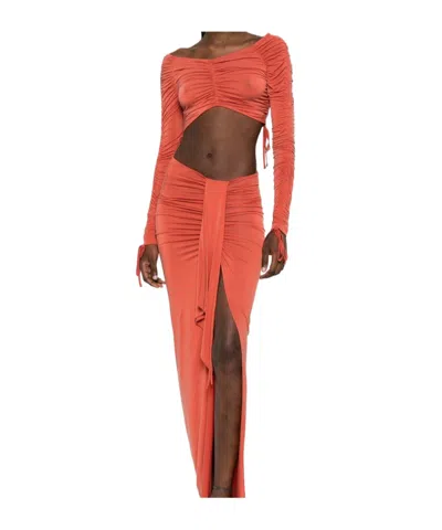 Balmain Orange Ls Cropped Draped Jersey Top In Brown