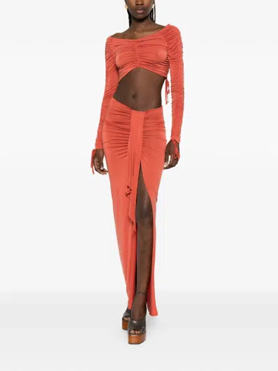 Balmain Crop Long Sleeve Ruched Jersey Top In Brown