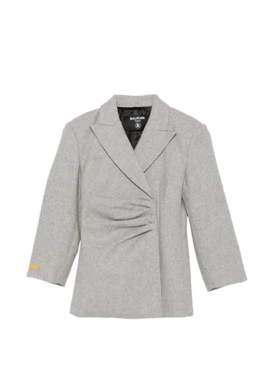 Balmain Kids' Ruched Single-breasted Jacket In Grey