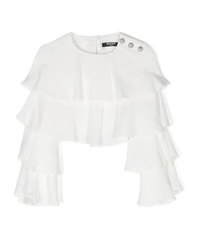 Balmain Kids' Ruffled Cropped Blouse In White