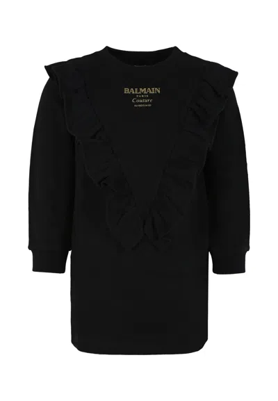 BALMAIN RUFFLED-DETAIL LOGO DRESS